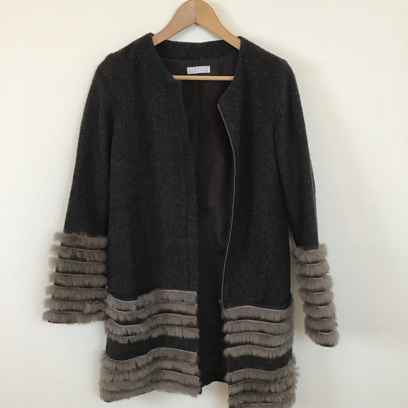 Barney’s New York Coat Jacket Brown M Wool Fur - Picture 2 of 8